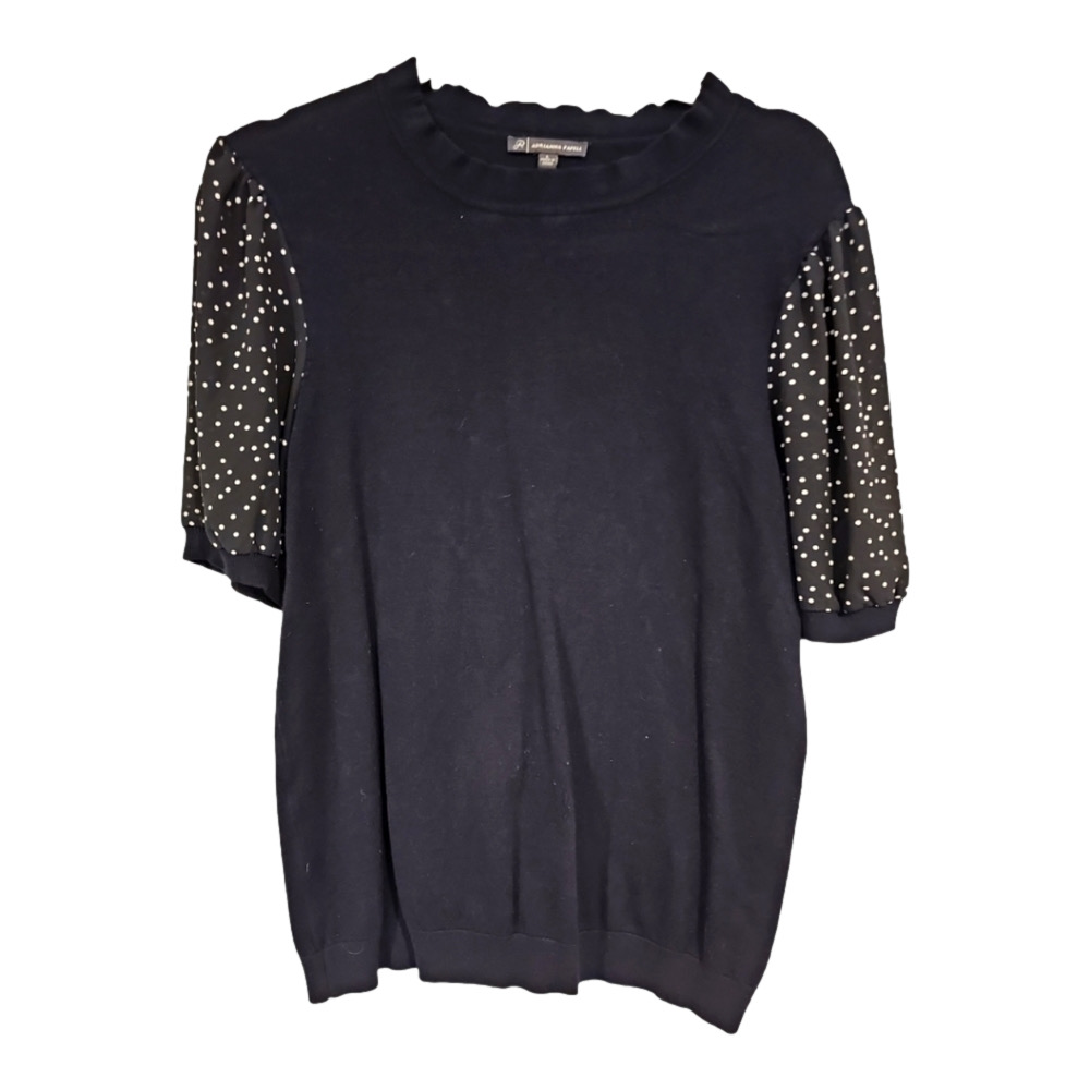 Adrianna Papell Black Sweater with Sheer Polka Dot Sleeves Size Large Office